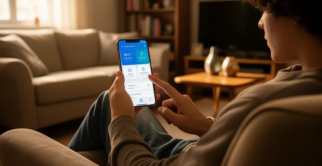 Personne consultant une application bancaire sur smartphone dans un salon