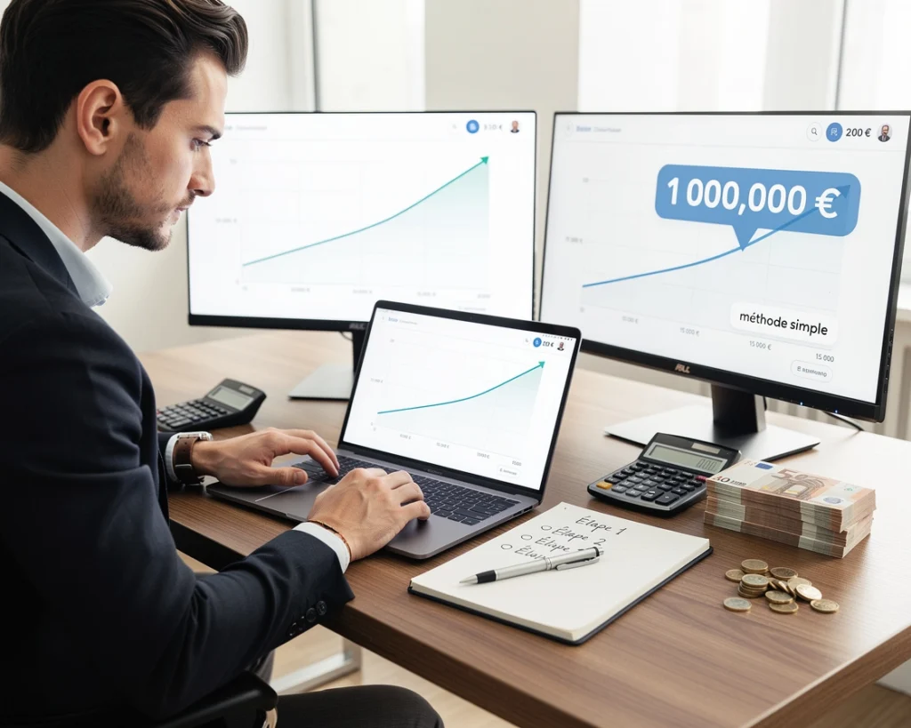 un homme se tient devant un ordinateur et explooite de la date sur l'investissement